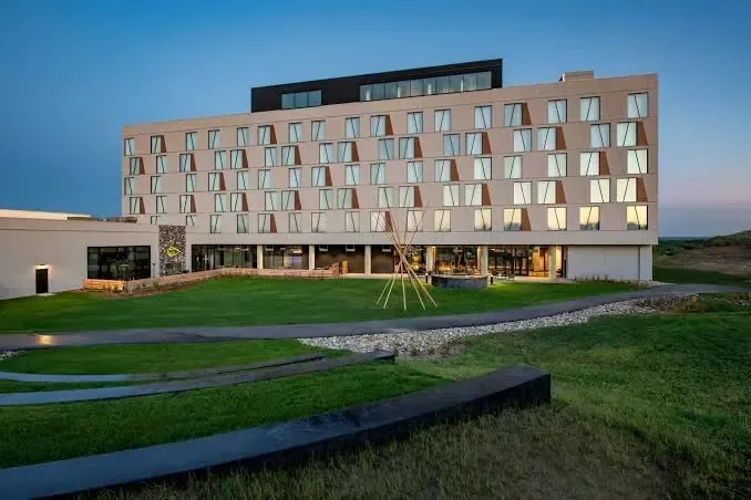 Countryside resort building at dusk
